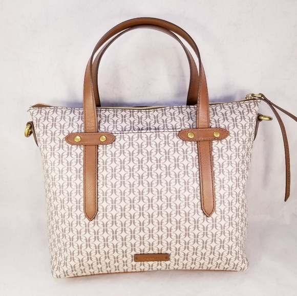 Fossil coated canvas logo brown beige hand bag purse - Picture 3 of 7